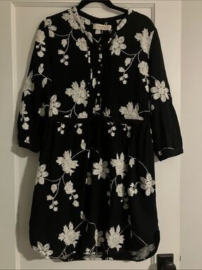 Black Floral Embroidered Peasant Dress with Button Front